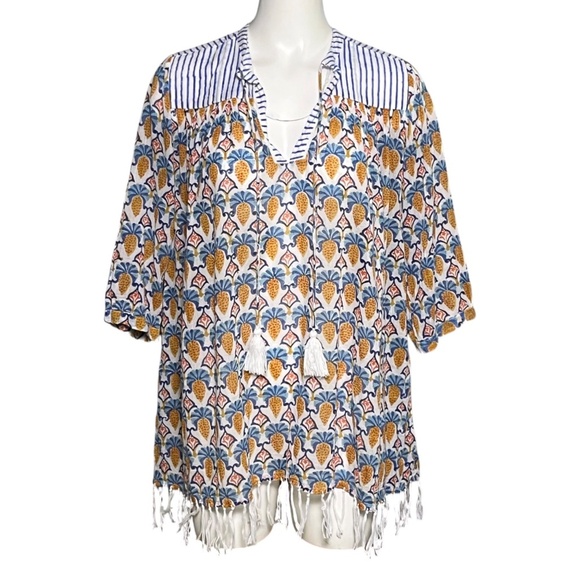 Roller Rabbit Serafina Tunic Cover-Up Size XS Pineapple Print Fringe Oversized - Picture 2 of 8